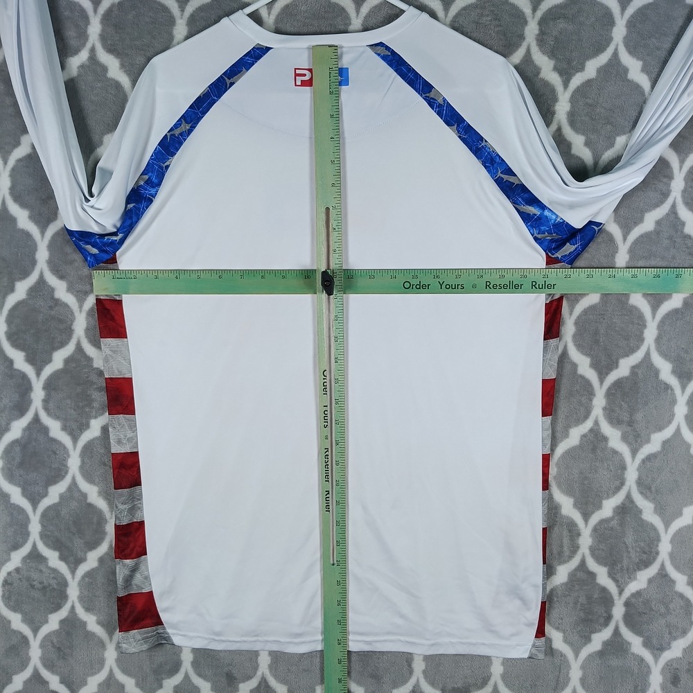 Pelagic VaporTek Fishing Shirt Men L White American Flag UPF 50 Long Sleeve - Picture 4 of 10